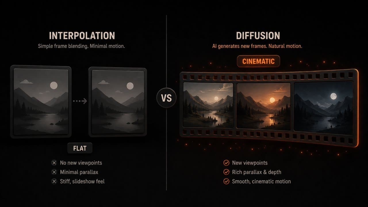 Split comparison of flat interpolation with two similar frames versus rich diffusion model with cinematic multi-frame motion