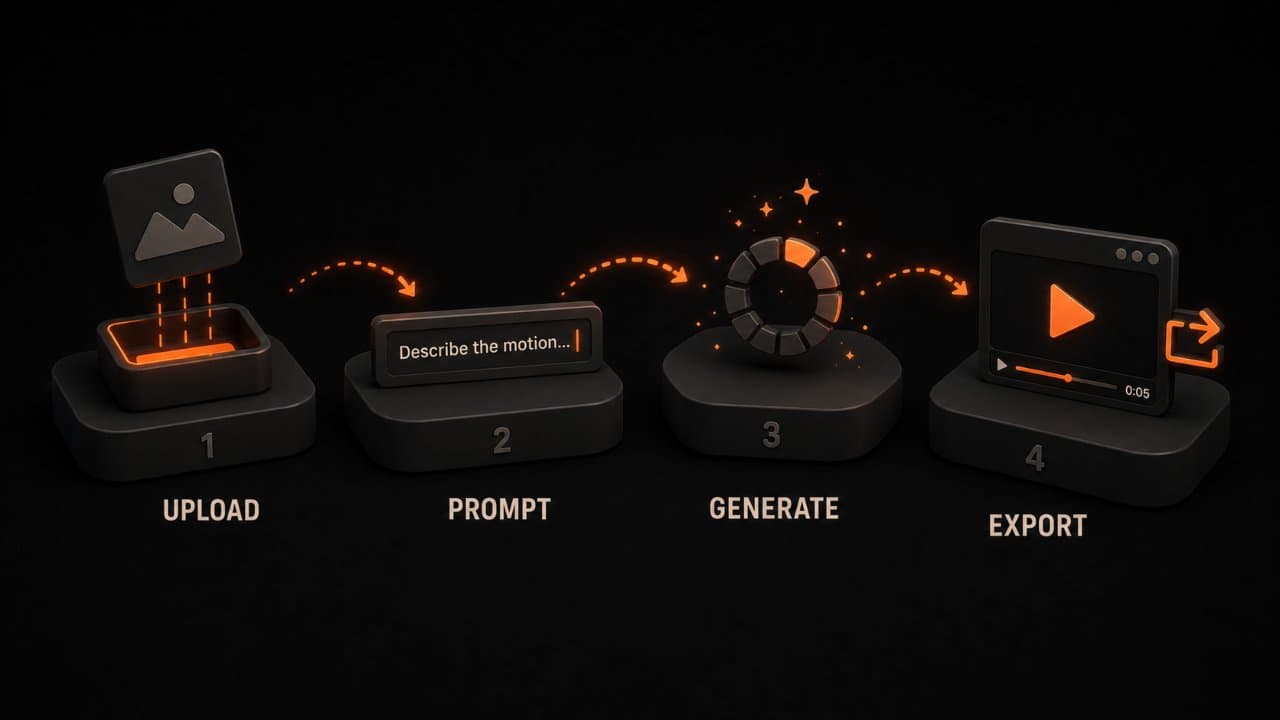 Four-step workflow arc showing upload, prompt, generate, and export platforms connected by glowing arrows