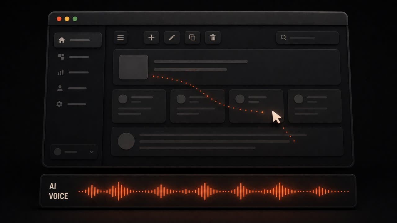 3D editorial illustration of a screen recording window with cursor trails paired with an AI voiceover waveform running below