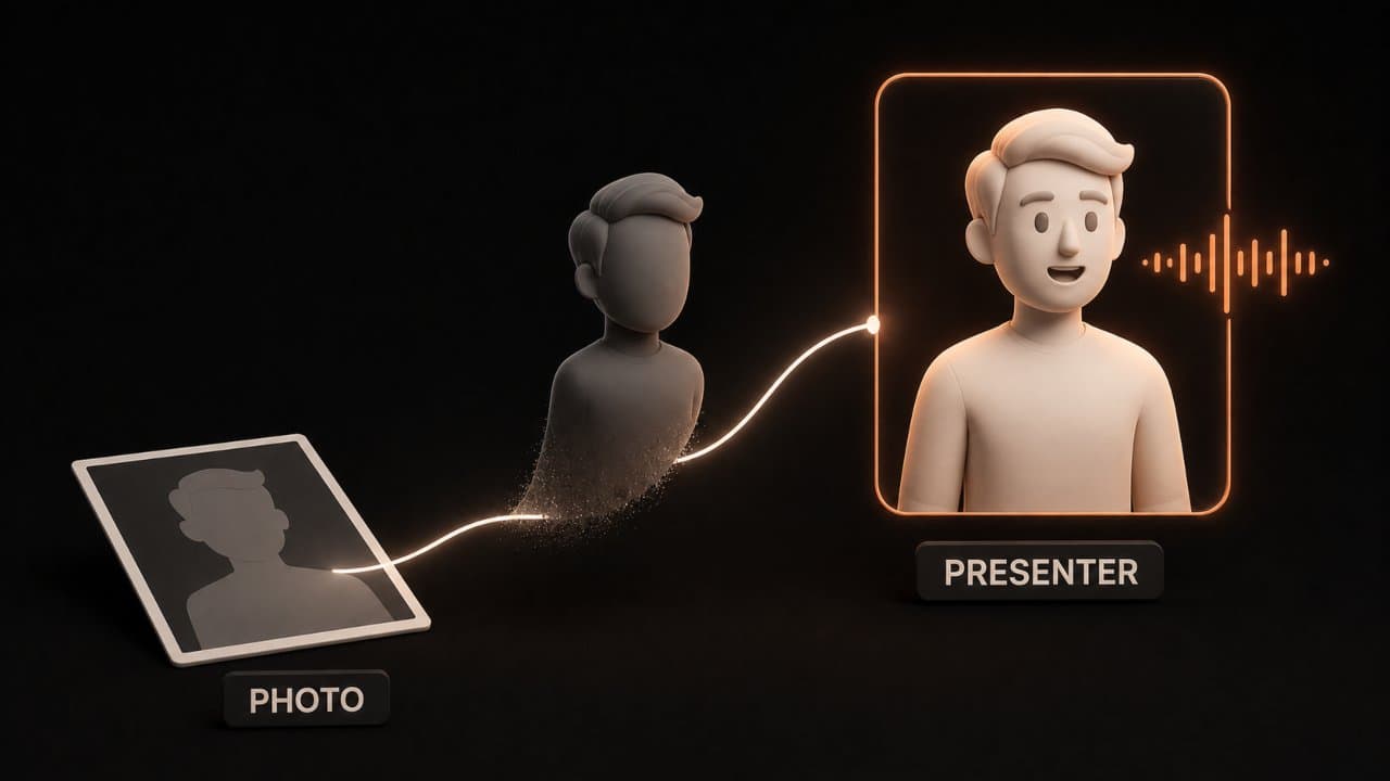 editorial illustration of a flat headshot photo rising and transforming into a talking avatar with speech ripples