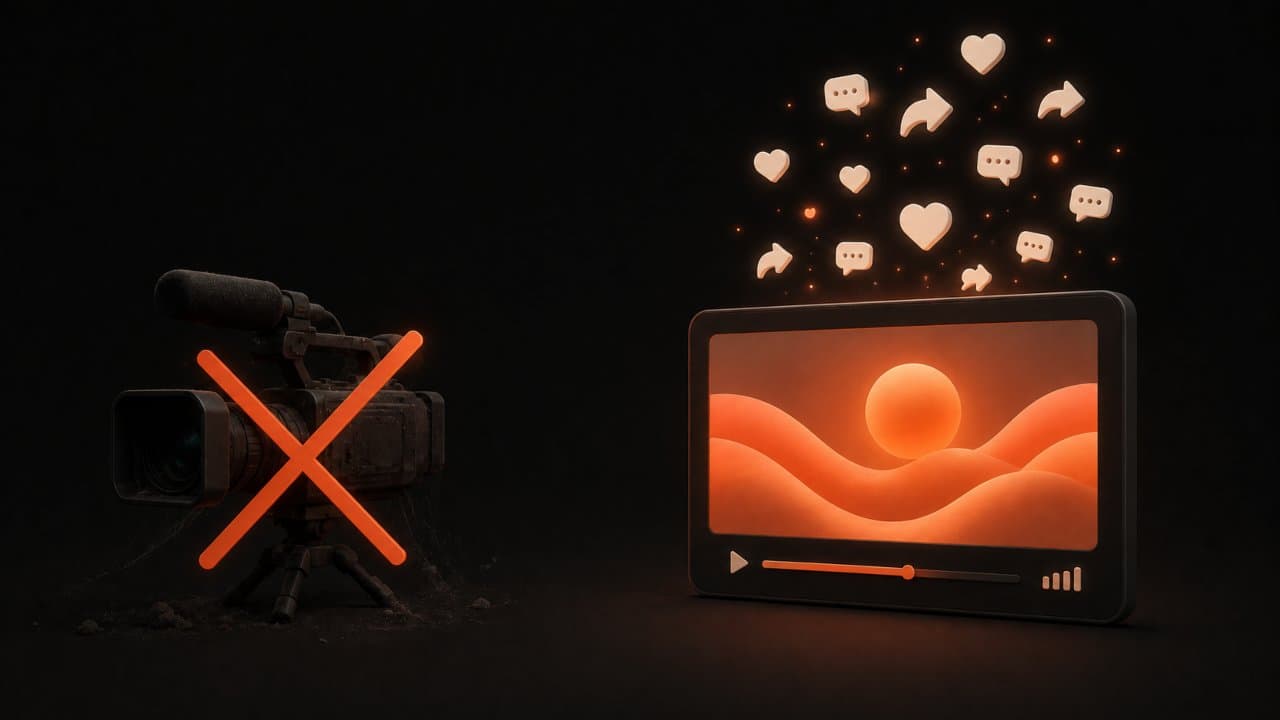 3D editorial illustration of a crossed-out camera beside a flourishing faceless video screen with engagement icons rising