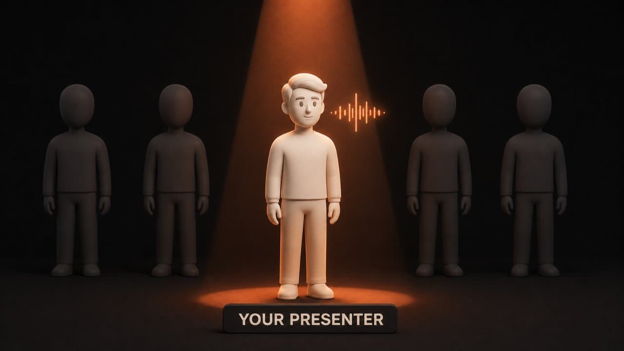 Stylized 3D scene of an AI avatar stepping out of a row of blank silhouettes into a spotlight