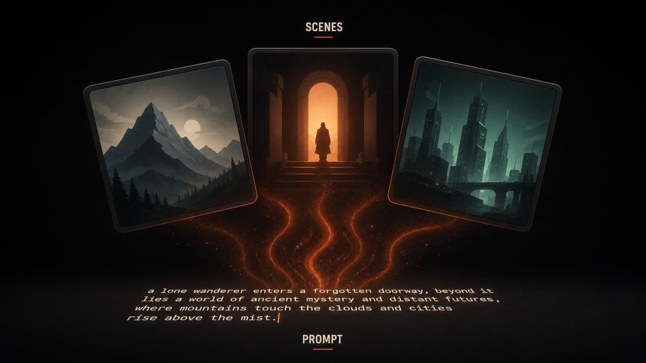 Stylized 3D scene of typed text dissolving upward into rich cinematic landscape panels