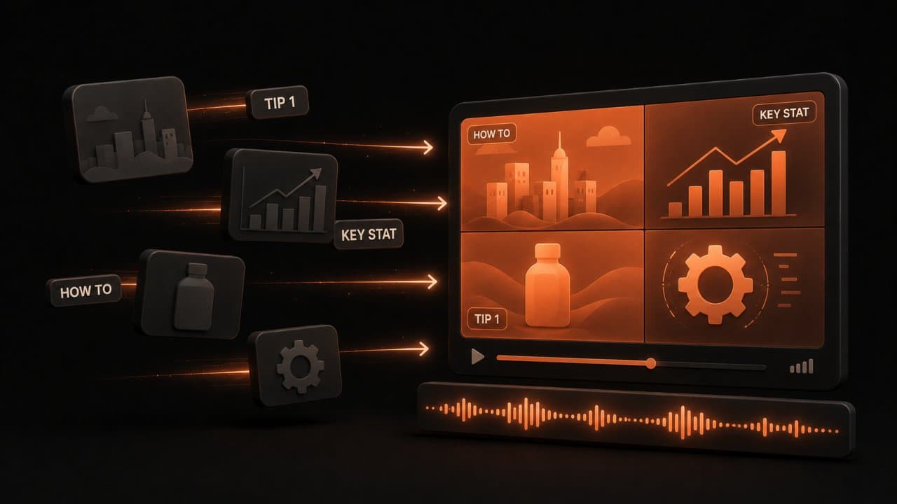 3D editorial illustration of stock footage tiles and text overlays assembling into a video frame with a voiceover waveform beneath