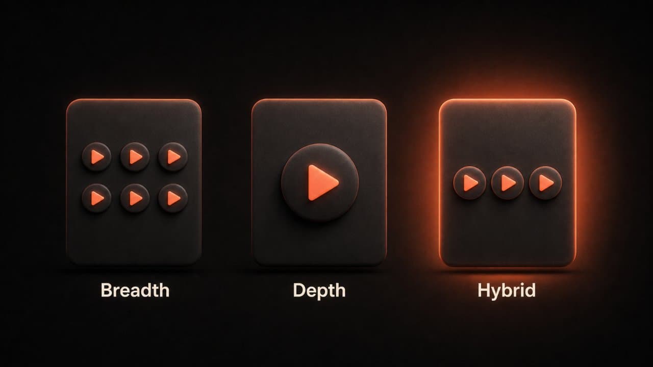 Three publishing strategy cards showing Breadth, Depth, and Hybrid approaches to AI video