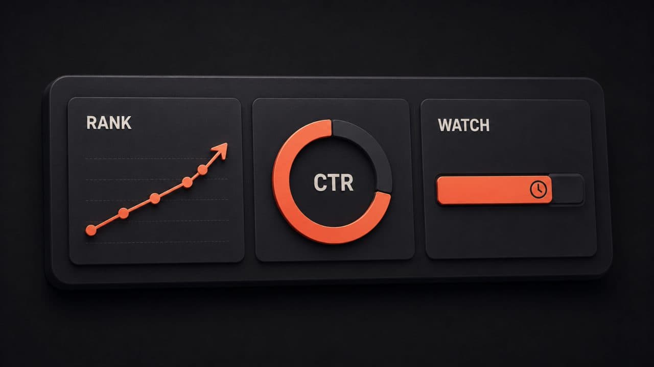 A video SEO dashboard showing rank position, click-through rate, and watch time metrics