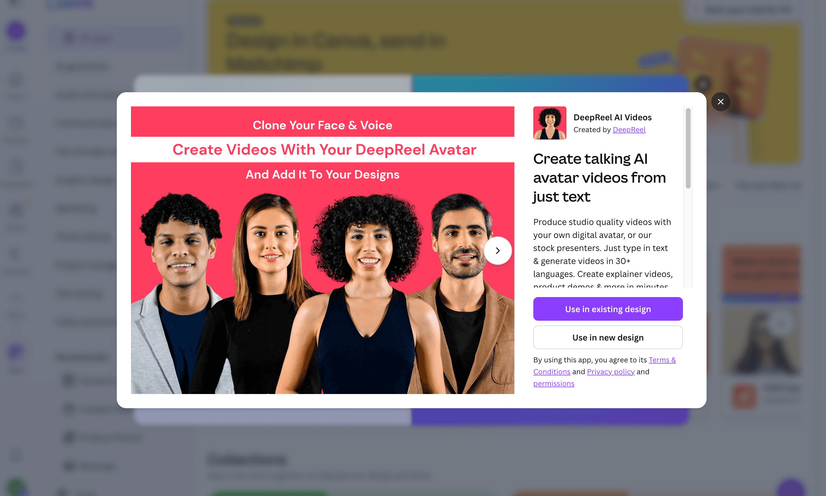 DeepReel Canva integration modal for creating AI avatar videos, showing options to use in existing or new designs.