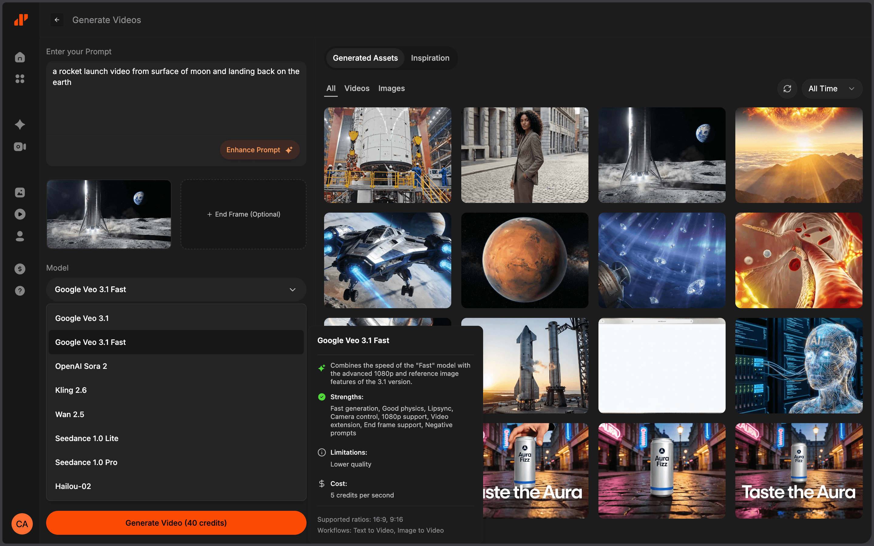 DeepReel AI video generation screen showing an open dropdown for selecting video models like Google Veo, Sora, and Kling, with model details and a prompt input.