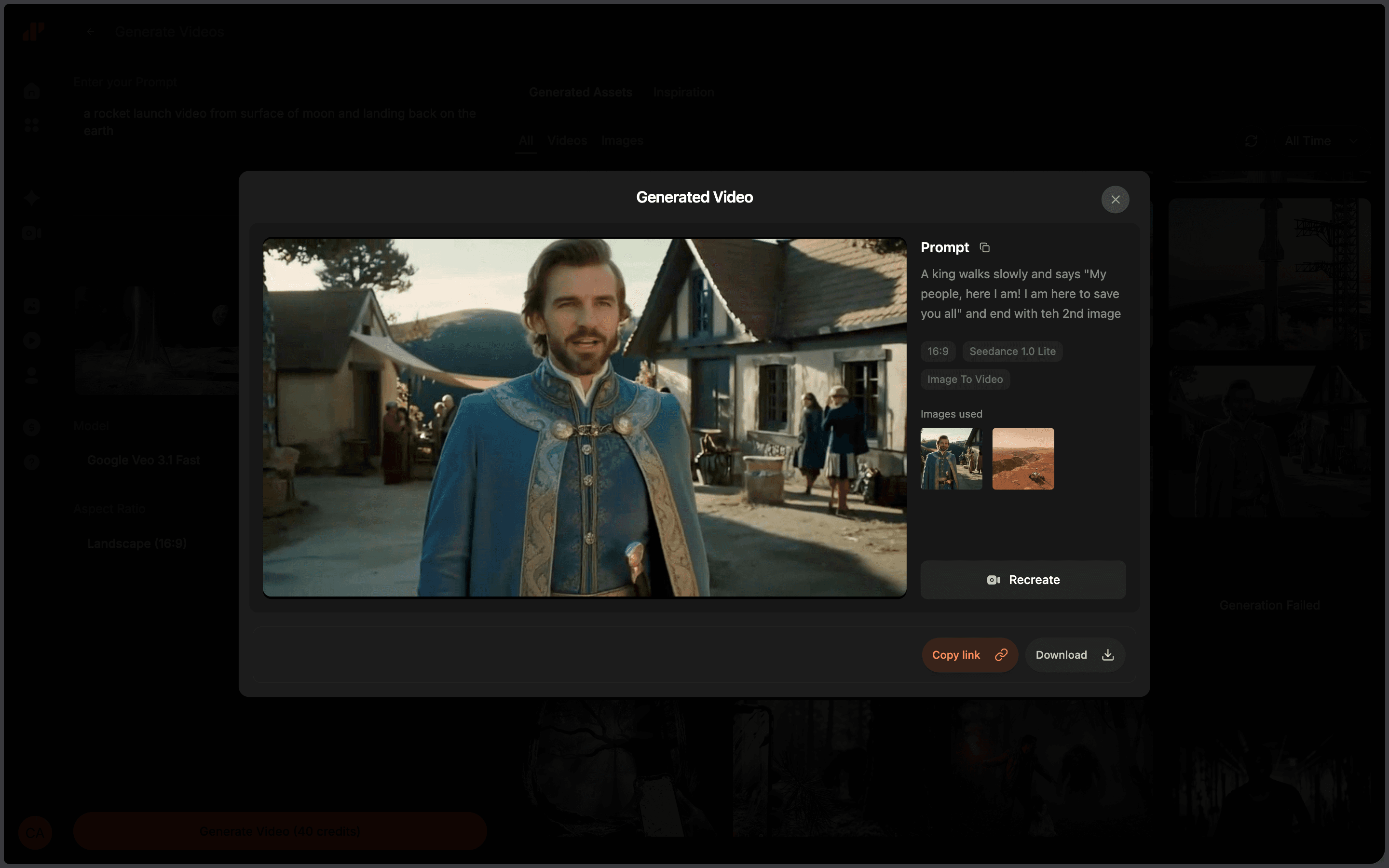DeepReel generated video preview modal showing a video of a king, the prompt used, input images, and options to recreate, copy link, or download.