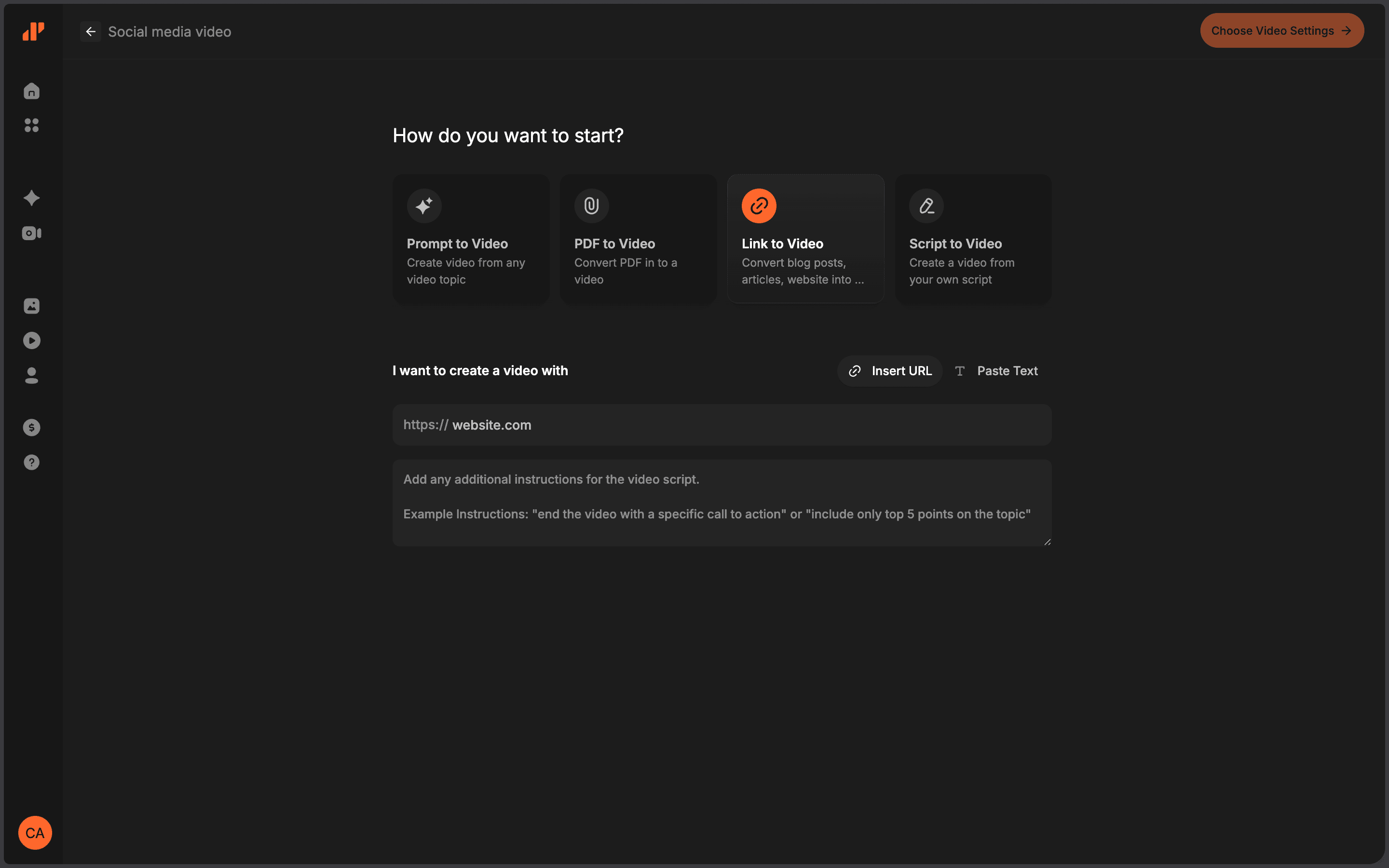 DeepReel Video Genie screen for creating a video from a link, showing input fields for a website URL and additional instructions for the video script.
