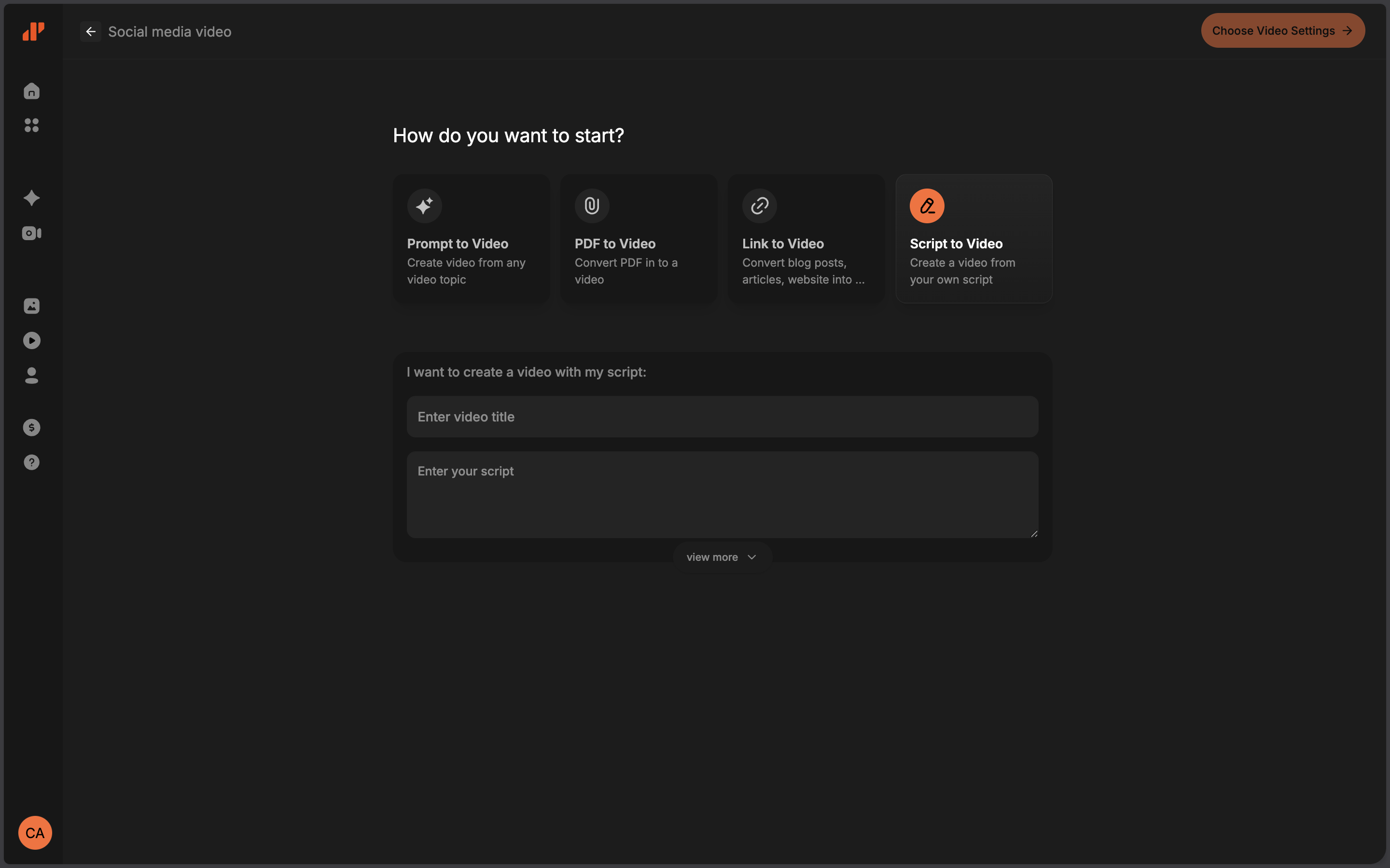 DeepReel Video Genie script input screen, showing the selected 'Script to Video' option with dedicated fields to enter a video title and the full script.